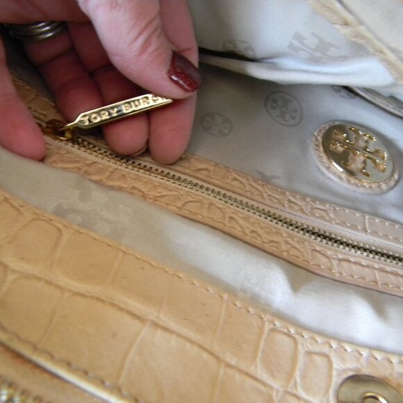 TORY BURCH BEIGE CROC EMBOSSED LEATHER SATCHEL TOTE TRIPLE COMPARTMENT - Picture 9 of 10